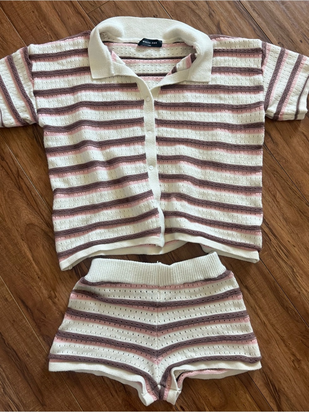 White Fox Striped Knit Two-Piece Set in Cream, Pink, Brown